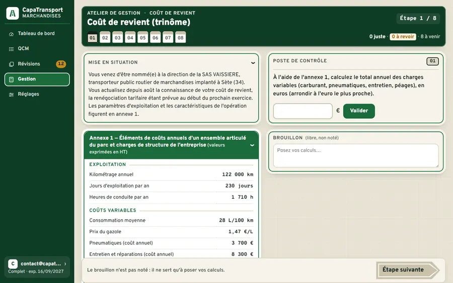 Atelier coût de revient : dossier d'entreprise et annexe 1 des coûts annuels, étape 1 à résoudre.
