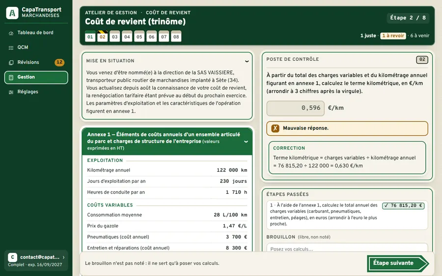 Atelier coût de revient : réponse fausse à l'étape 2 et correction du terme kilométrique.