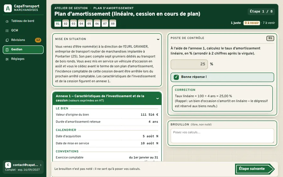 Atelier plan d'amortissement : annexe de l'investissement, étape 1 juste et corrigée.