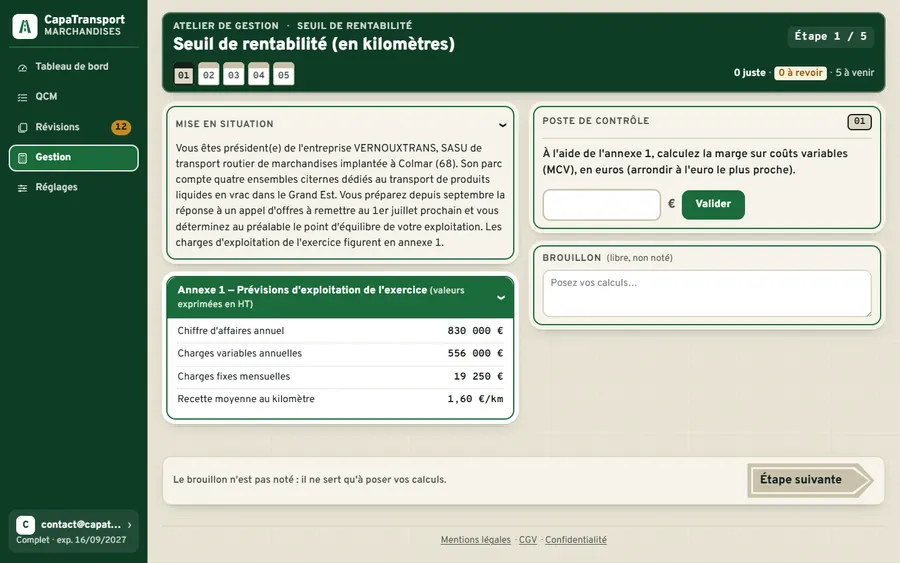 Atelier seuil de rentabilité : charges et chiffre d'affaires en annexe, première étape.