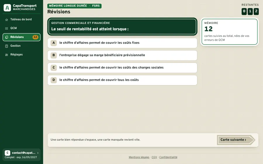 Écran des révisions : une carte due, ses quatre choix, et le compte des cartes restantes.