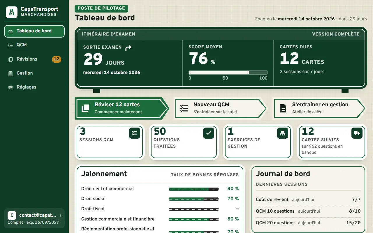 Tableau de bord CapaTransport : le nombre de jours avant l'examen, le score moyen sur une règle graduée, les cartes de révision dues et la progression par module.